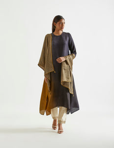 Black Olive Asymmetric Dupion Silk Ombre Kurta With Silk Printed Stole.