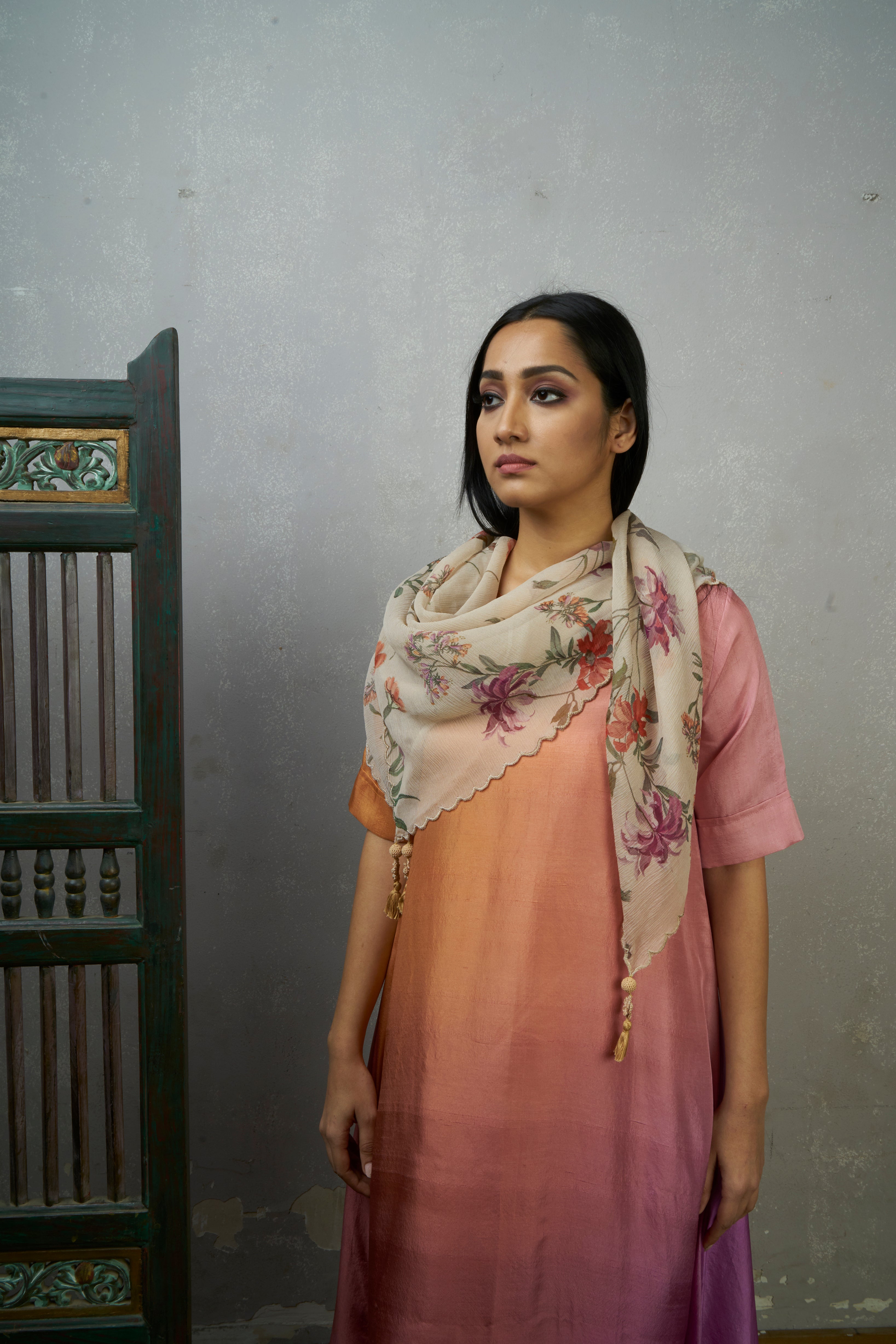 Peach Mauve Asymmetric Dupion Silk Ombre Kurta .