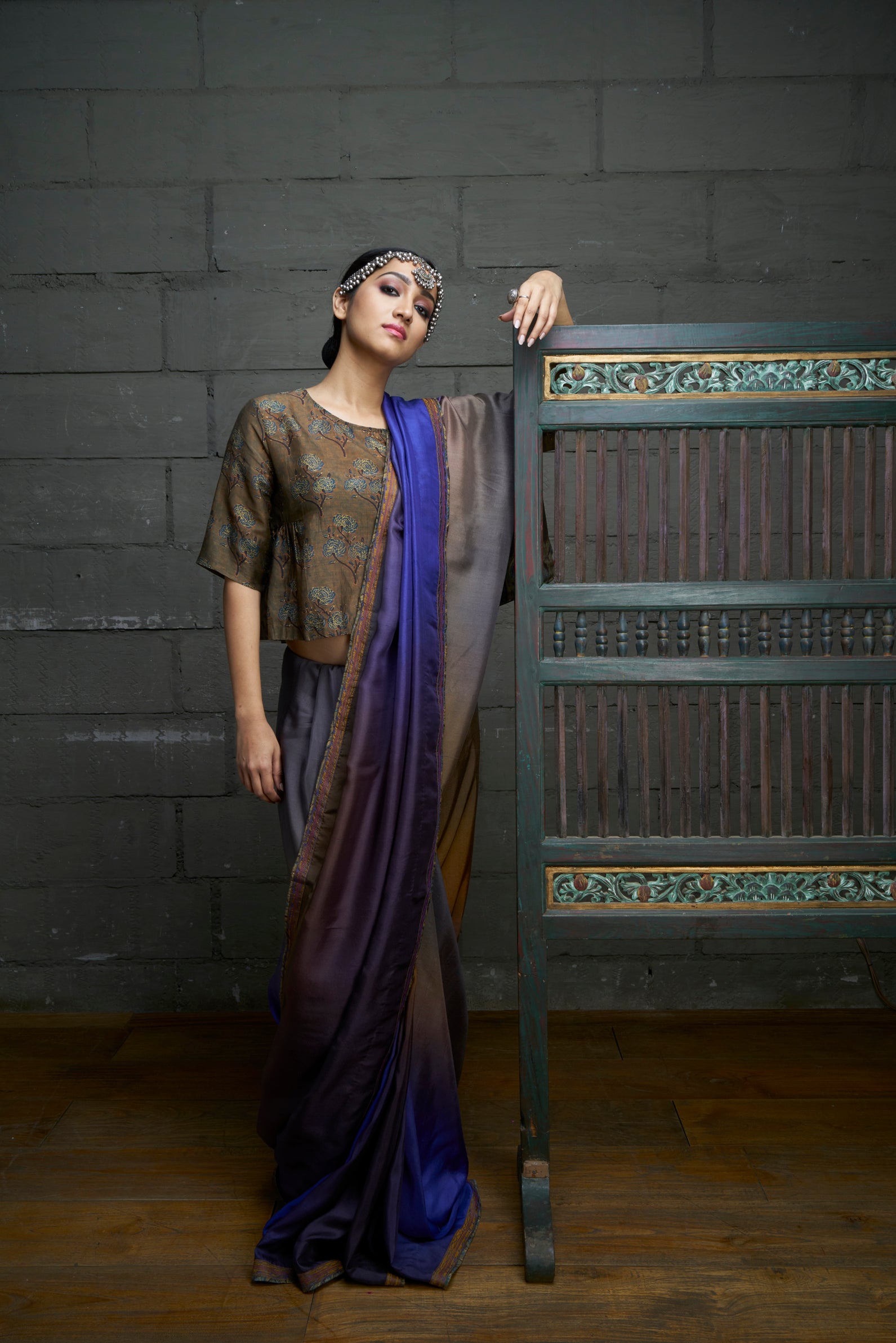 Festive Edit : Classic ombre hued Saree with Printed Silk fabric for the cropped top.