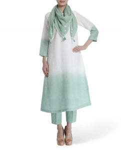 Powder Blue Linen Dip Dyed Set with Minimal Details Paired With Embroidered Stole .