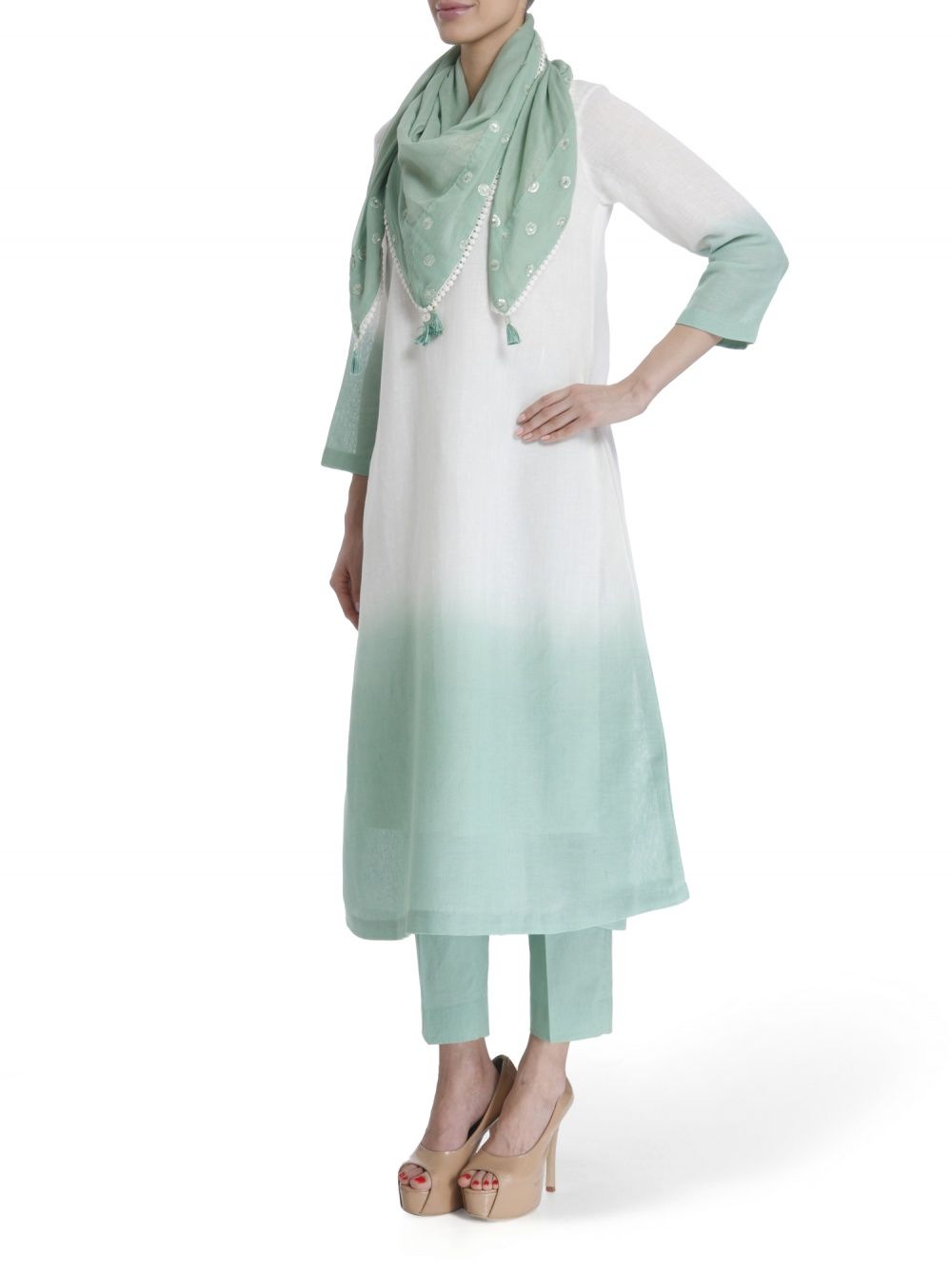 Powder Blue Linen Dip Dyed Set with Minimal Details Paired With Embroidered Stole .