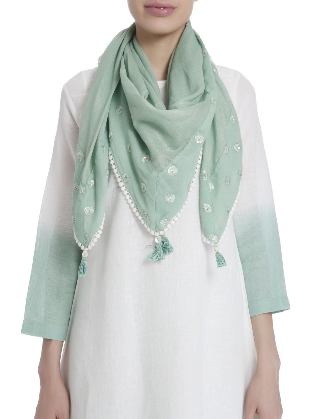Powder Blue Linen Dip Dyed Set with Minimal Details Paired With Embroidered Stole .