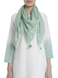 Powder Blue Linen Dip Dyed Set with Minimal Details Paired With Embroidered Stole .