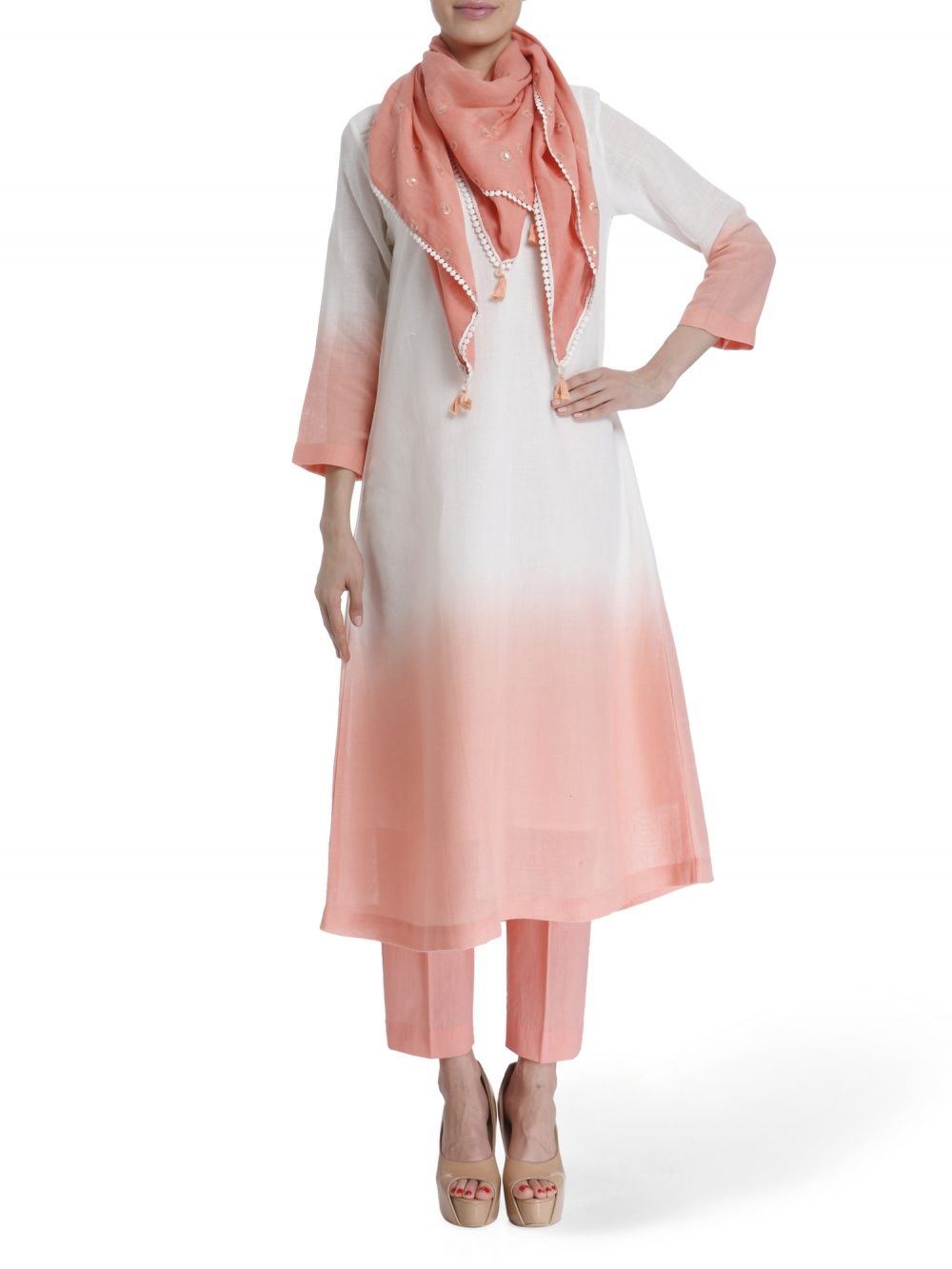 Peach Linen Dip Dyed Set With Minimal Details Paired With Embroidered Stole .
