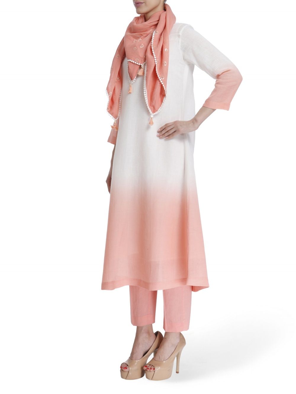 Peach Linen Dip Dyed Set With Minimal Details Paired With Embroidered Stole .