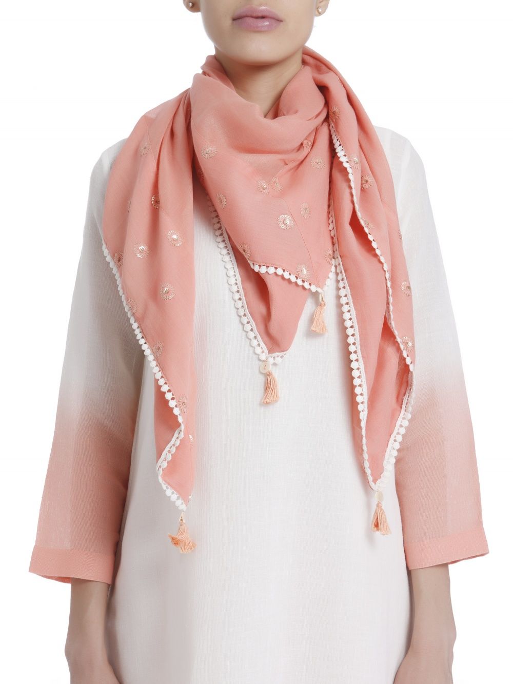 Peach Linen Dip Dyed Set With Minimal Details Paired With Embroidered Stole .