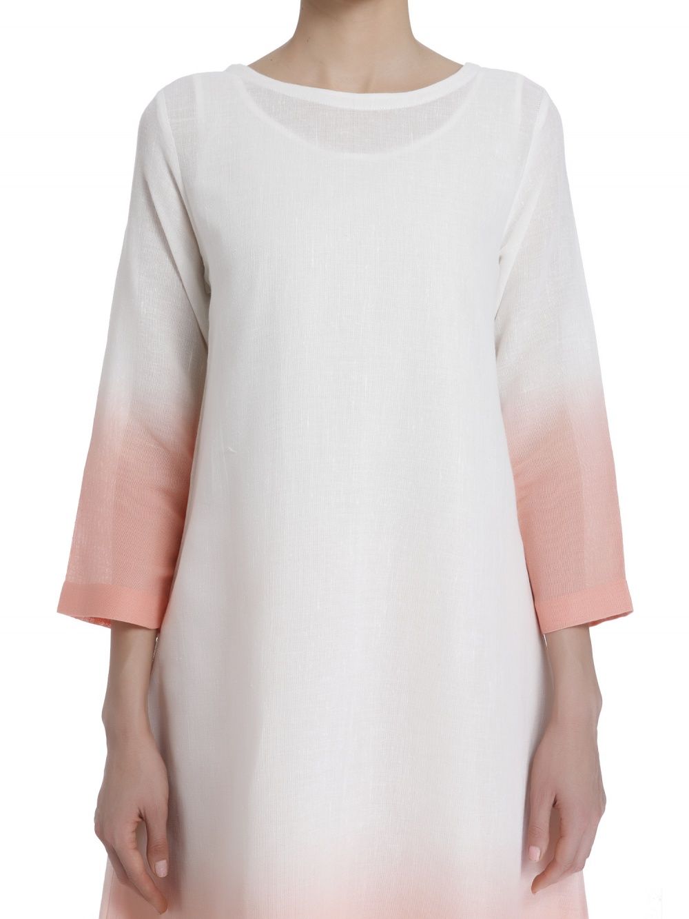 Peach Linen Dip Dyed Set With Minimal Details Paired With Embroidered Stole .