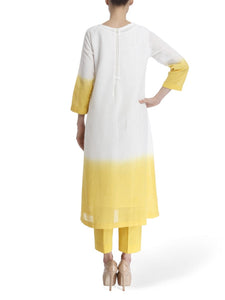 Yellow Linen Dip Dyed Set With Minimal Details Paired With Embroidered Stole .