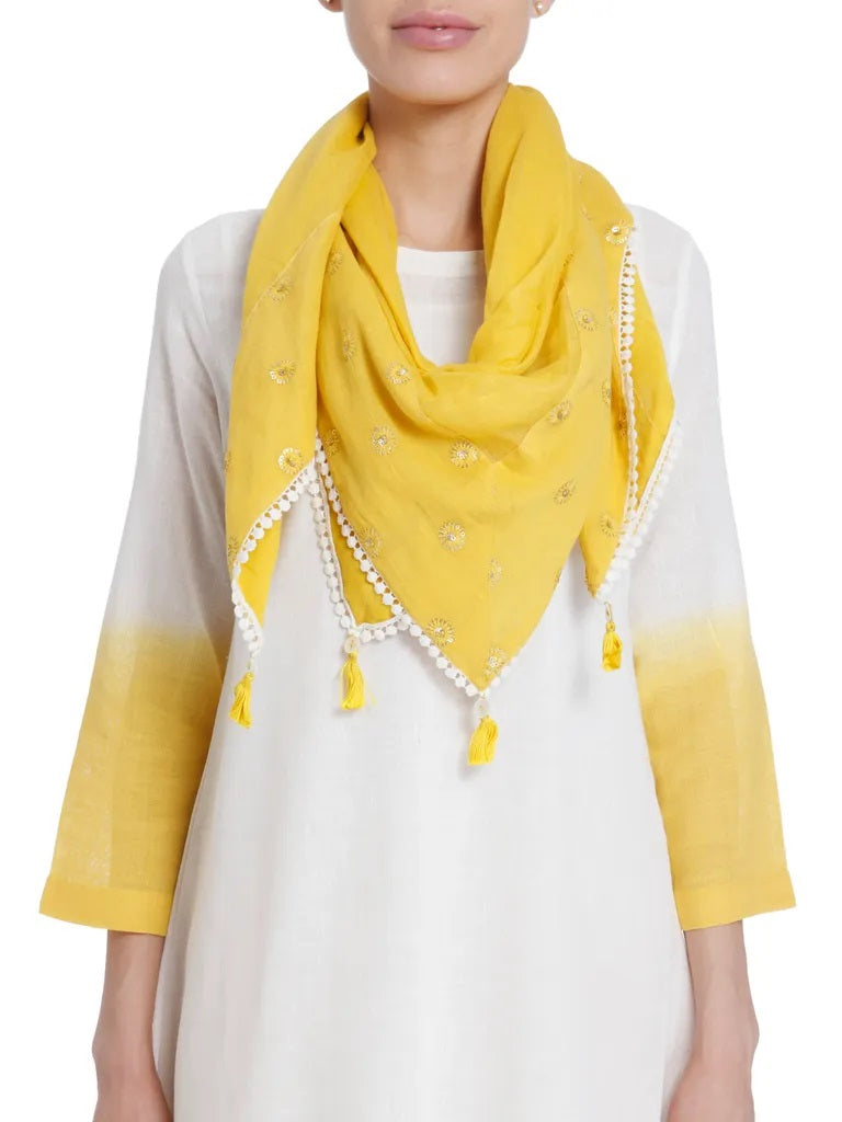 Yellow Linen Dip Dyed Set With Minimal Details Paired With Embroidered Stole .