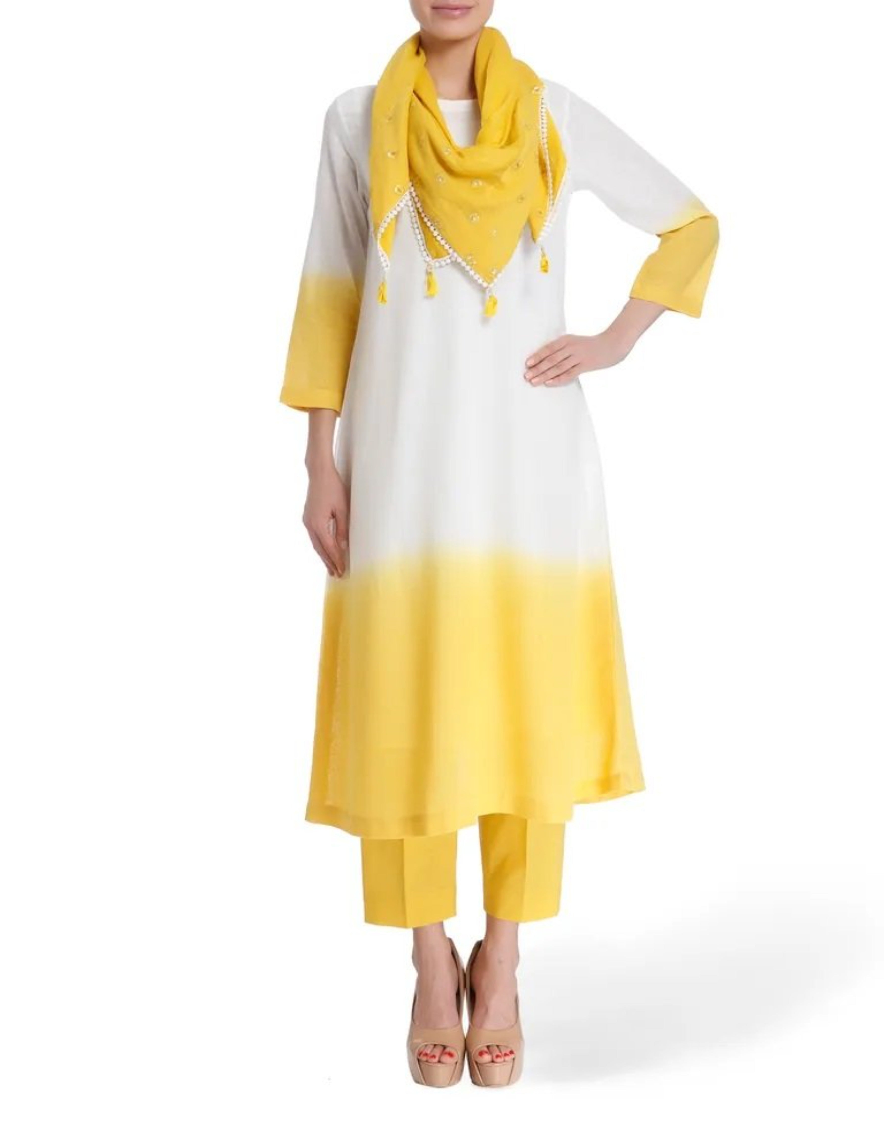 Yellow Linen Dip Dyed Set With Minimal Details Paired With Embroidered Stole .